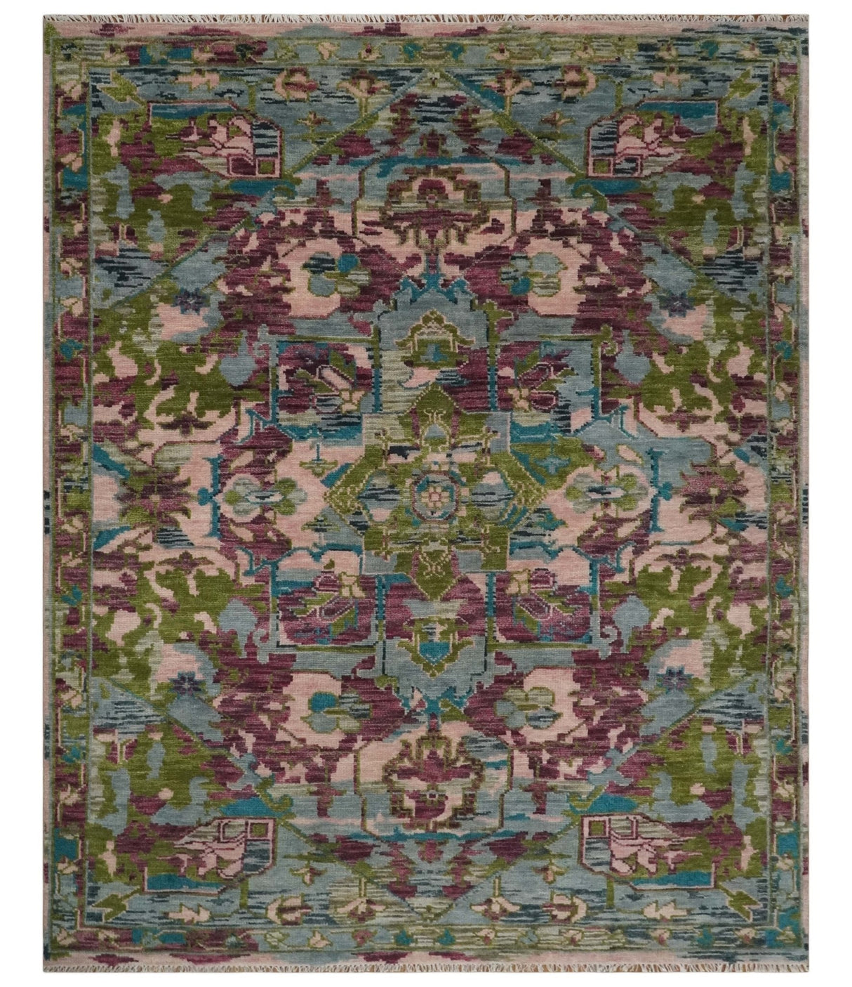 Custom Made Hand Knotted Transitional Green, Pink and Purple wool Area Rug