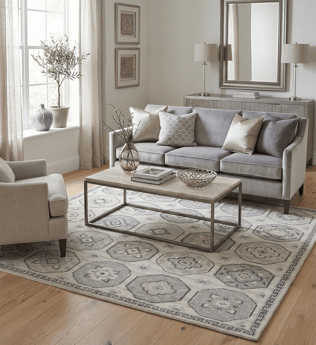Custom Made Hand Knotted Turkish Beige and Gray Area Wool Rug