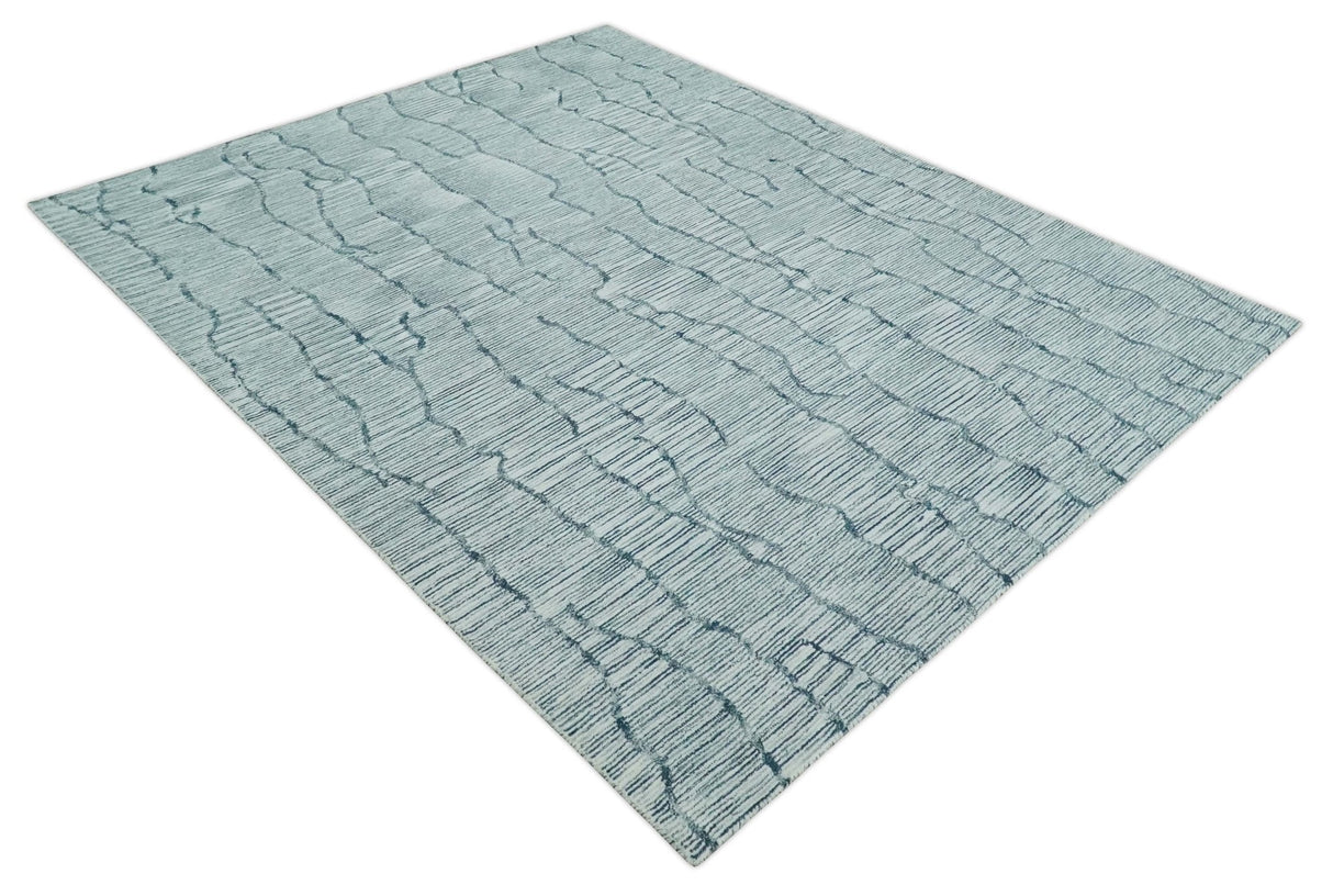 Custom Made Hand Tufted Multi Size Woolen Modern Ivory and Blue Area Rug