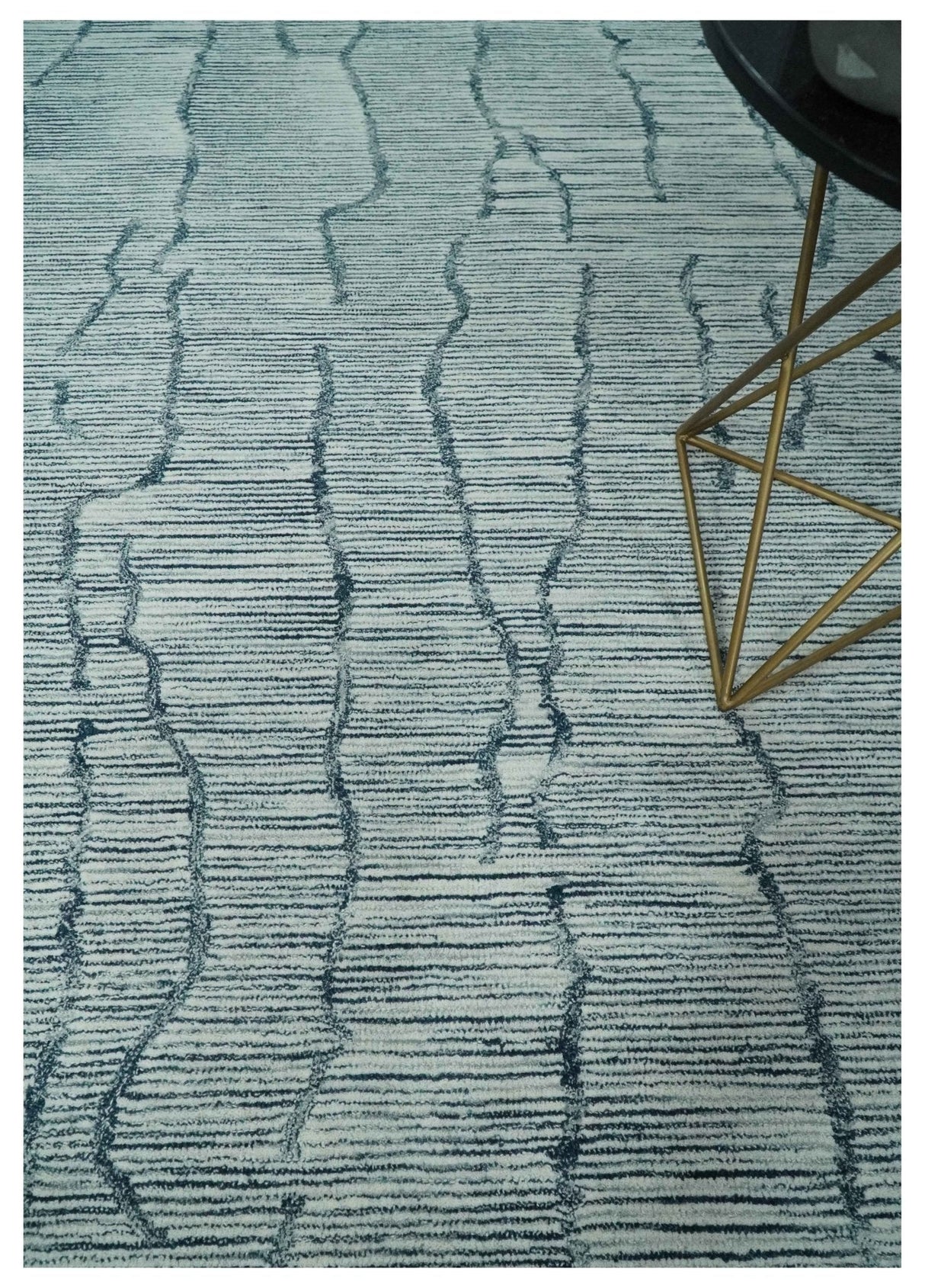 Custom Made Hand Tufted Multi Size Woolen Modern Ivory and Blue Area Rug