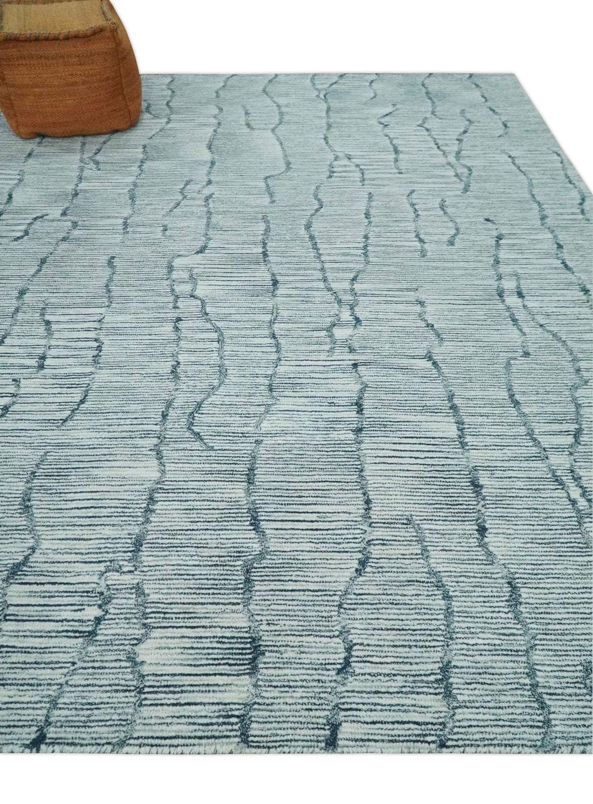 Custom Made Hand Tufted Multi Size Woolen Modern Ivory and Blue Area Rug