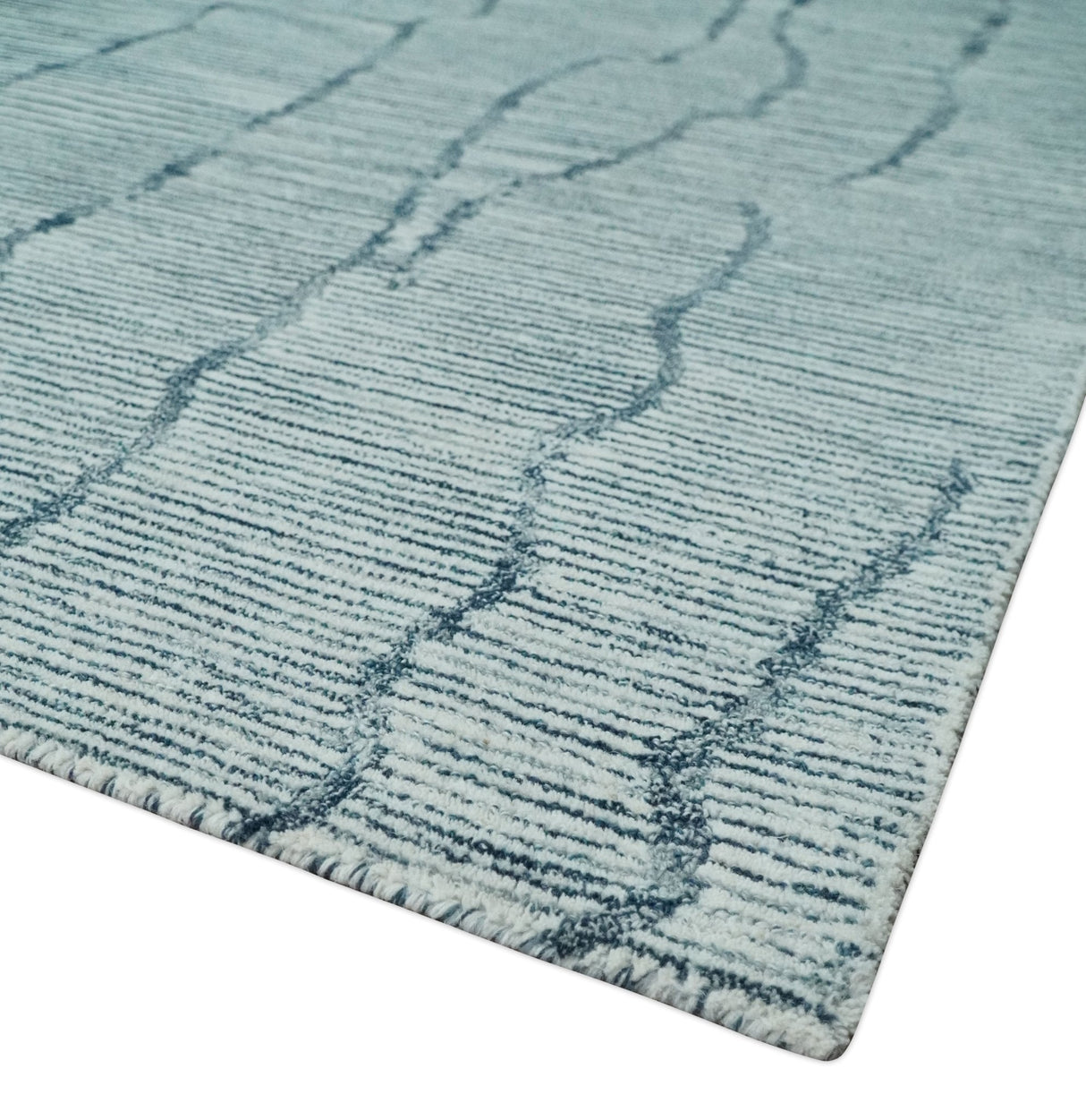 Custom Made Hand Tufted Multi Size Woolen Modern Ivory and Blue Area Rug