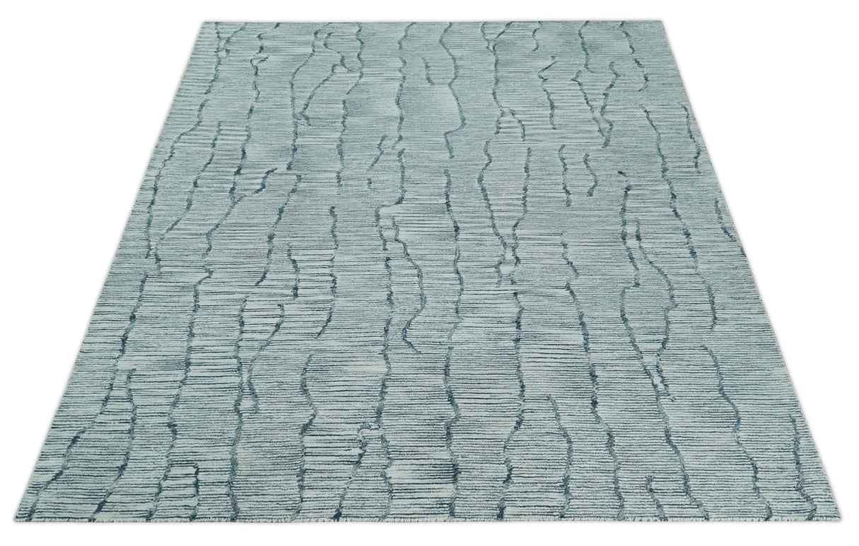 Custom Made Hand Tufted Multi Size Woolen Modern Ivory and Blue Area Rug