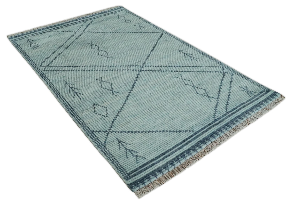 Custom Made Hand Woven Blue Abstract Trellis Moroccan Rug Made with Blended Wool