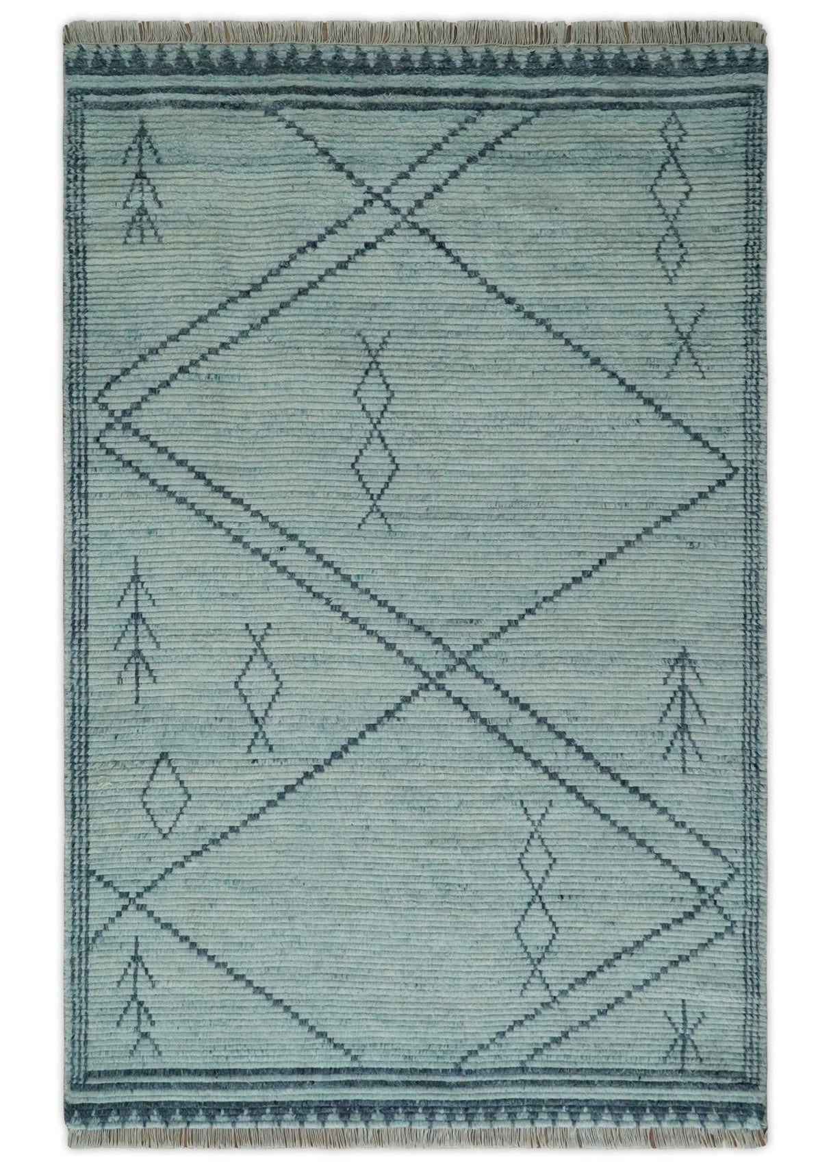 Custom Made Hand Woven Blue Abstract Trellis Moroccan Rug Made with Blended Wool