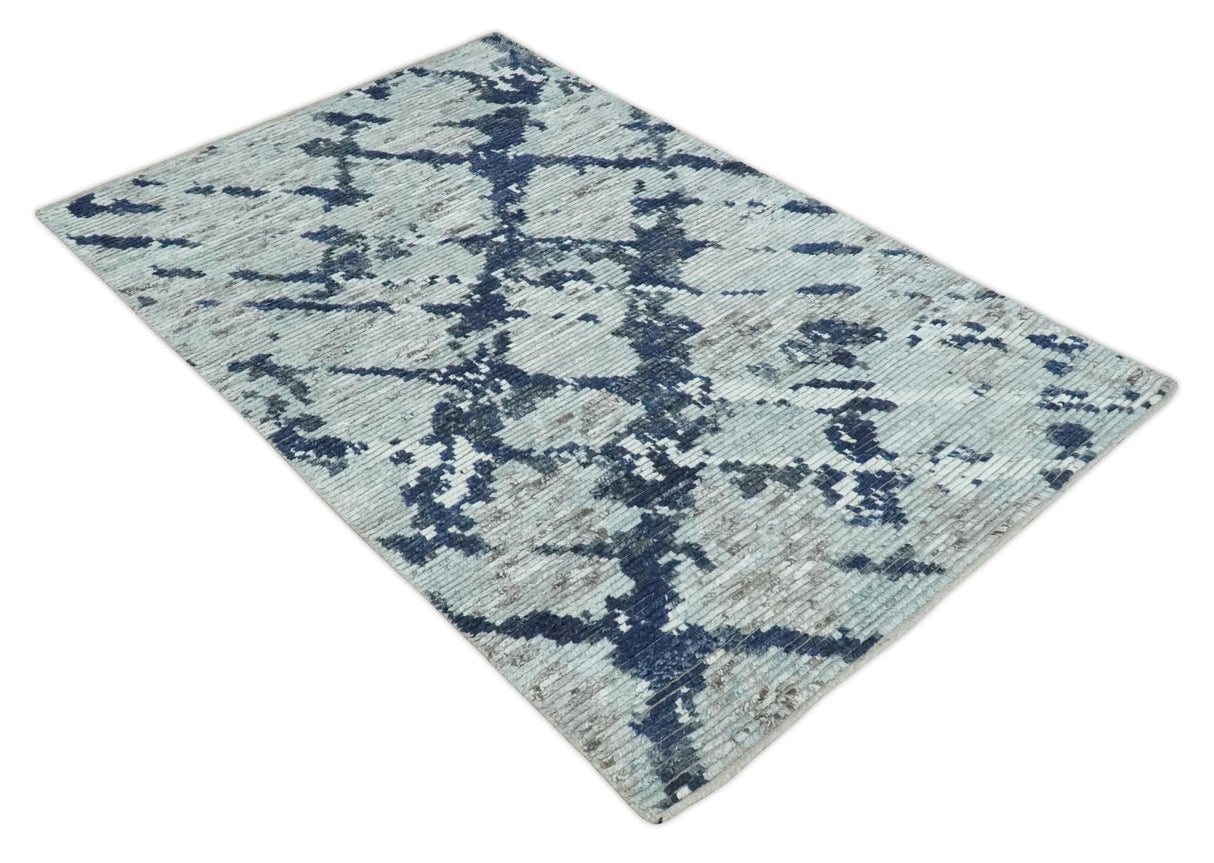 Custom Made Hand Woven Silver And Blue Abstract Trellis Moroccan Blended Wool Rug