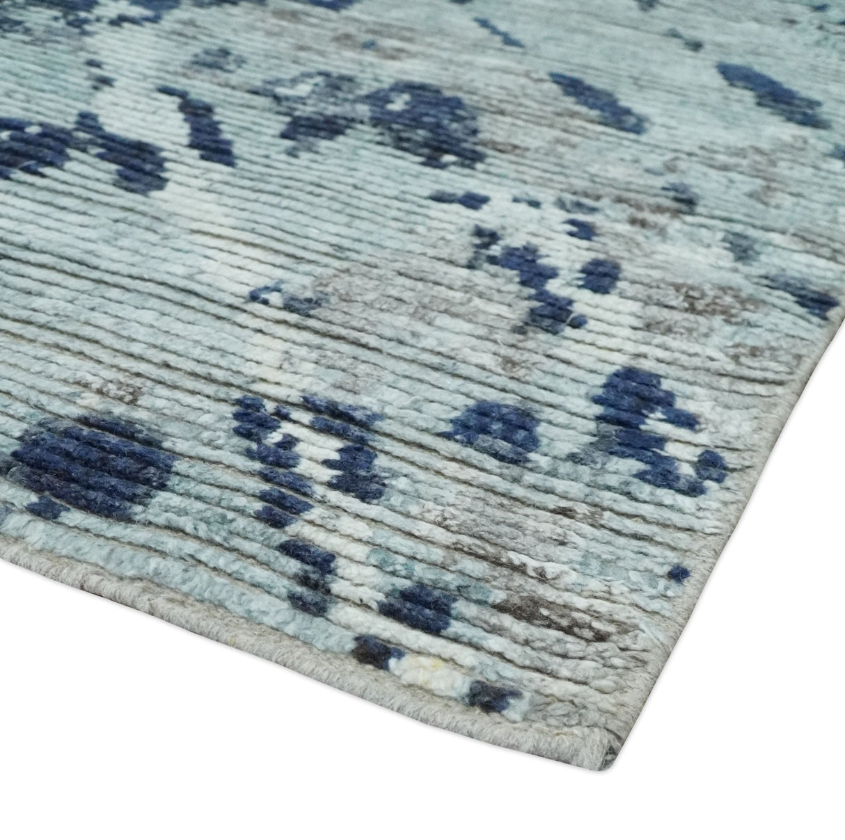 Custom Made Hand Woven Silver And Blue Abstract Trellis Moroccan Blended Wool Rug
