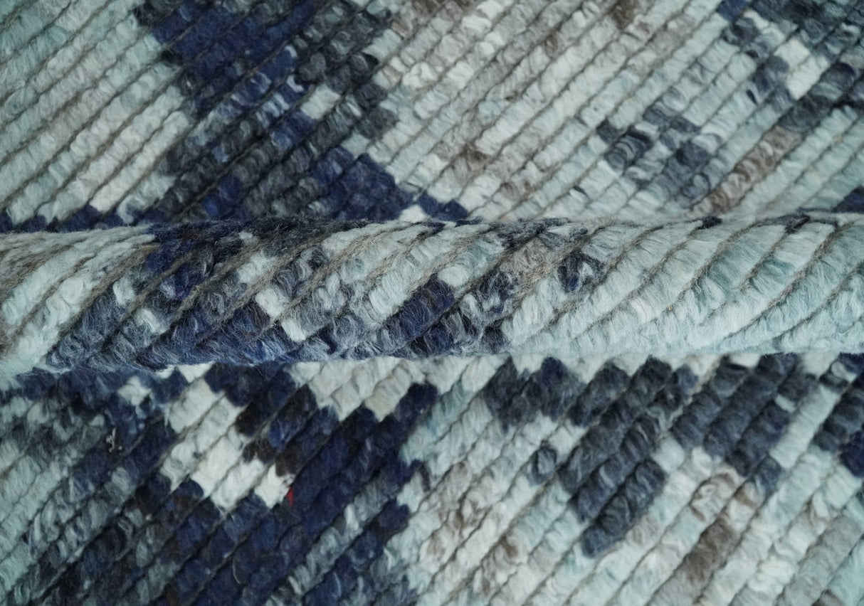 Custom Made Hand Woven Silver And Blue Abstract Trellis Moroccan Blended Wool Rug