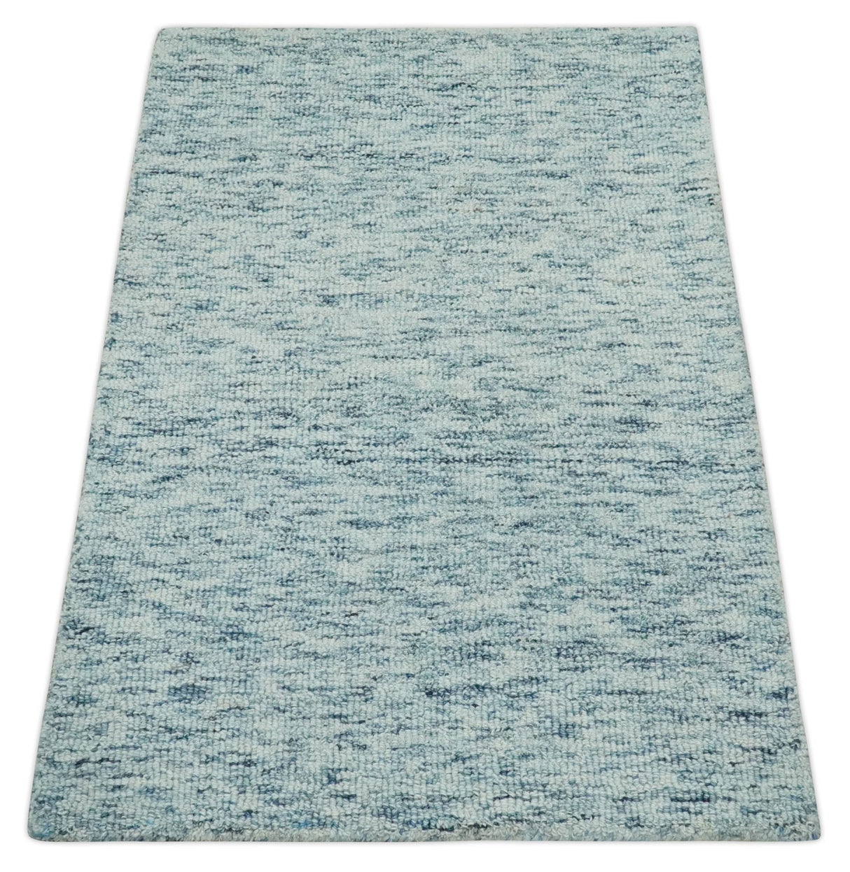 Custom Made Ivory and Blue Abstract Hand Tufted Natural Wool Area Rug-Parc Decor