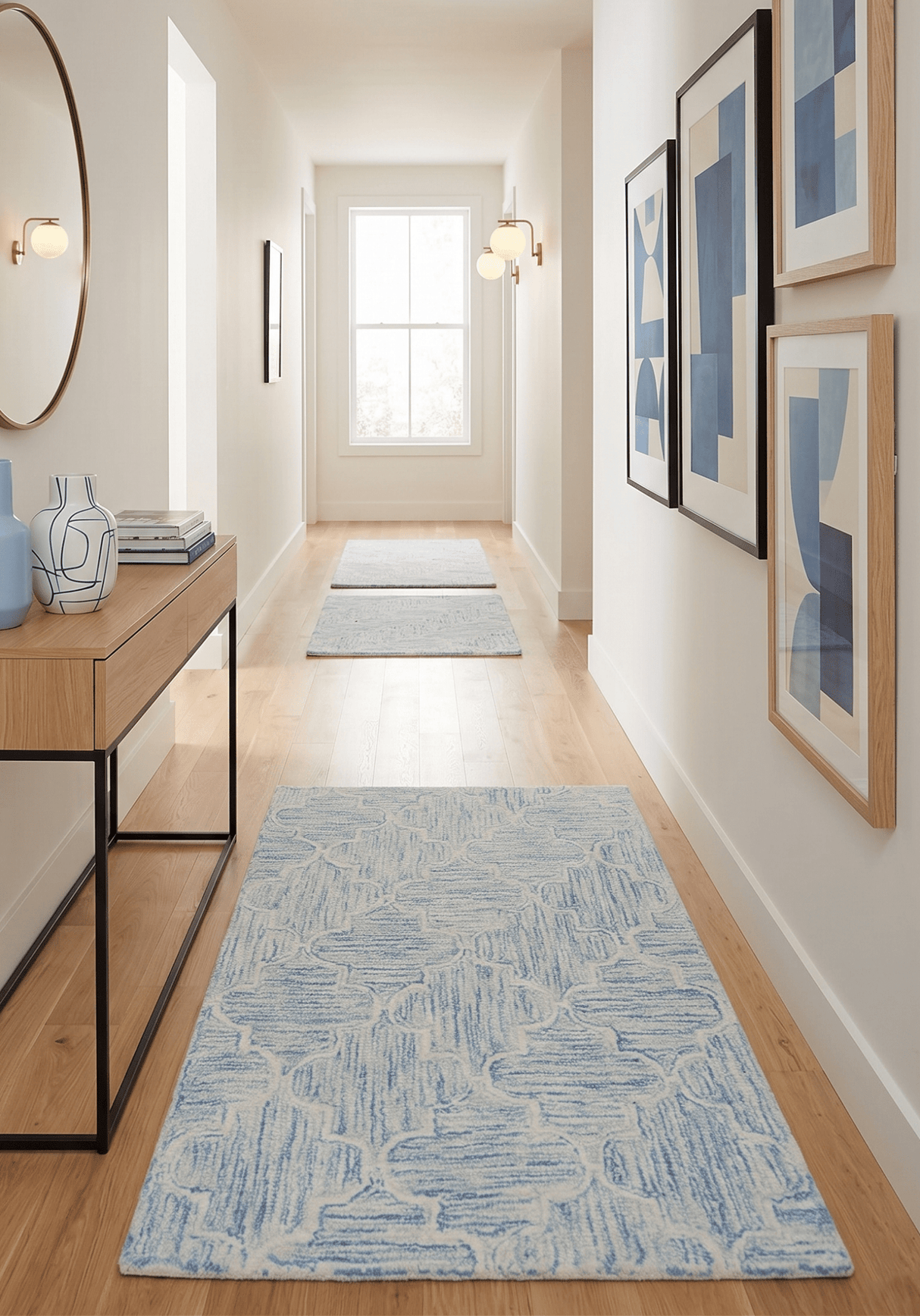 Custom Made Ivory and Blue Modern Geometric Hand Tufted Natural Wool Area Rug