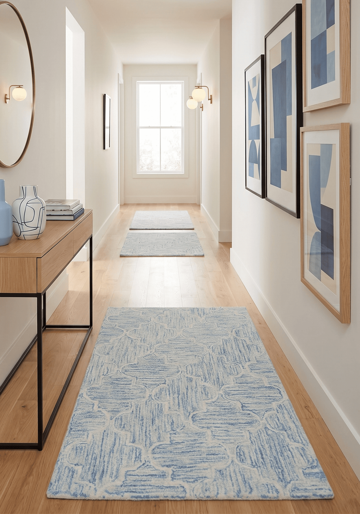 Custom Made Ivory and Blue Modern Geometric Hand Tufted Natural Wool Area Rug