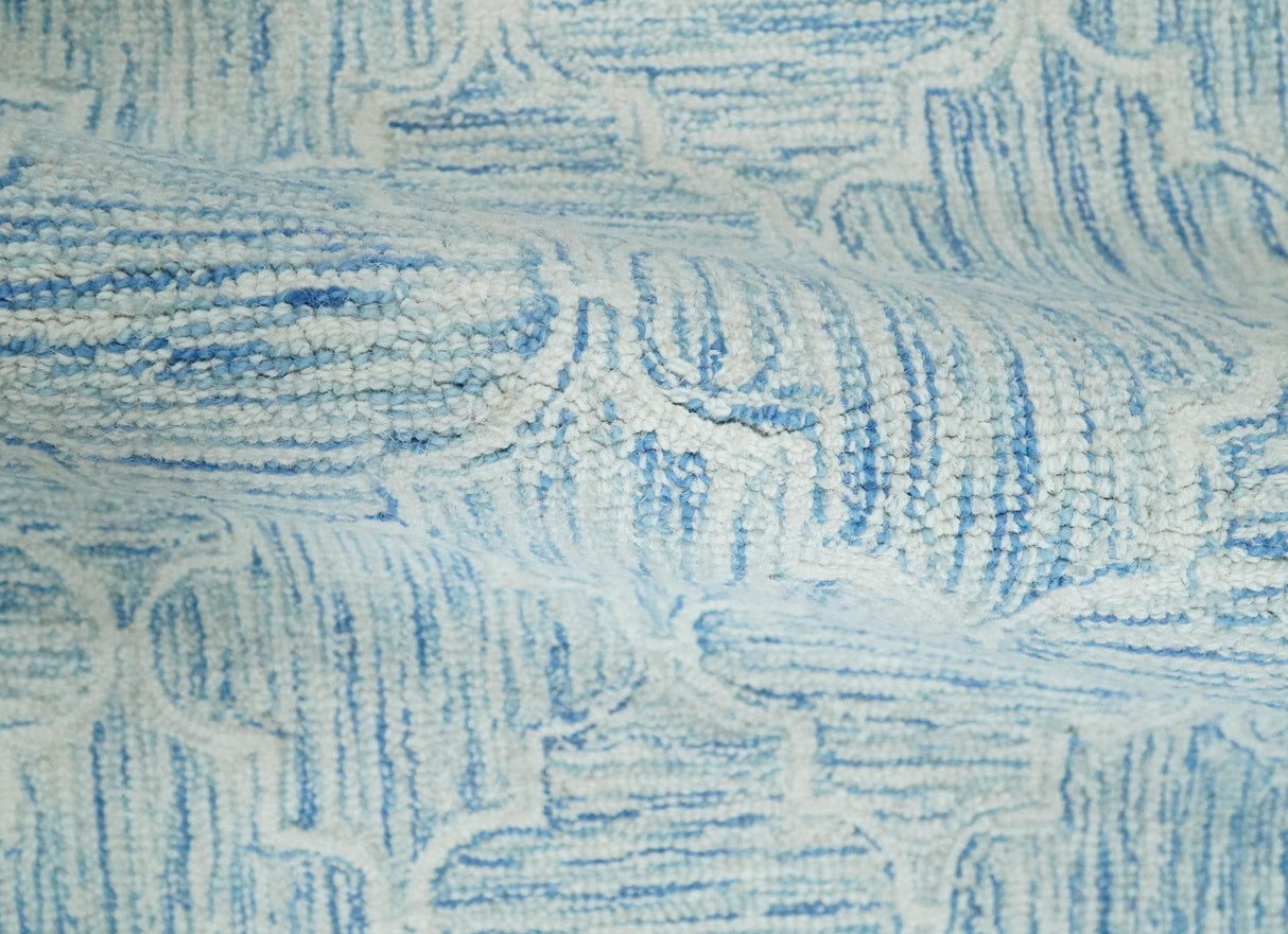 Custom Made Ivory and Blue Modern Geometric Hand Tufted Natural Wool Area Rug