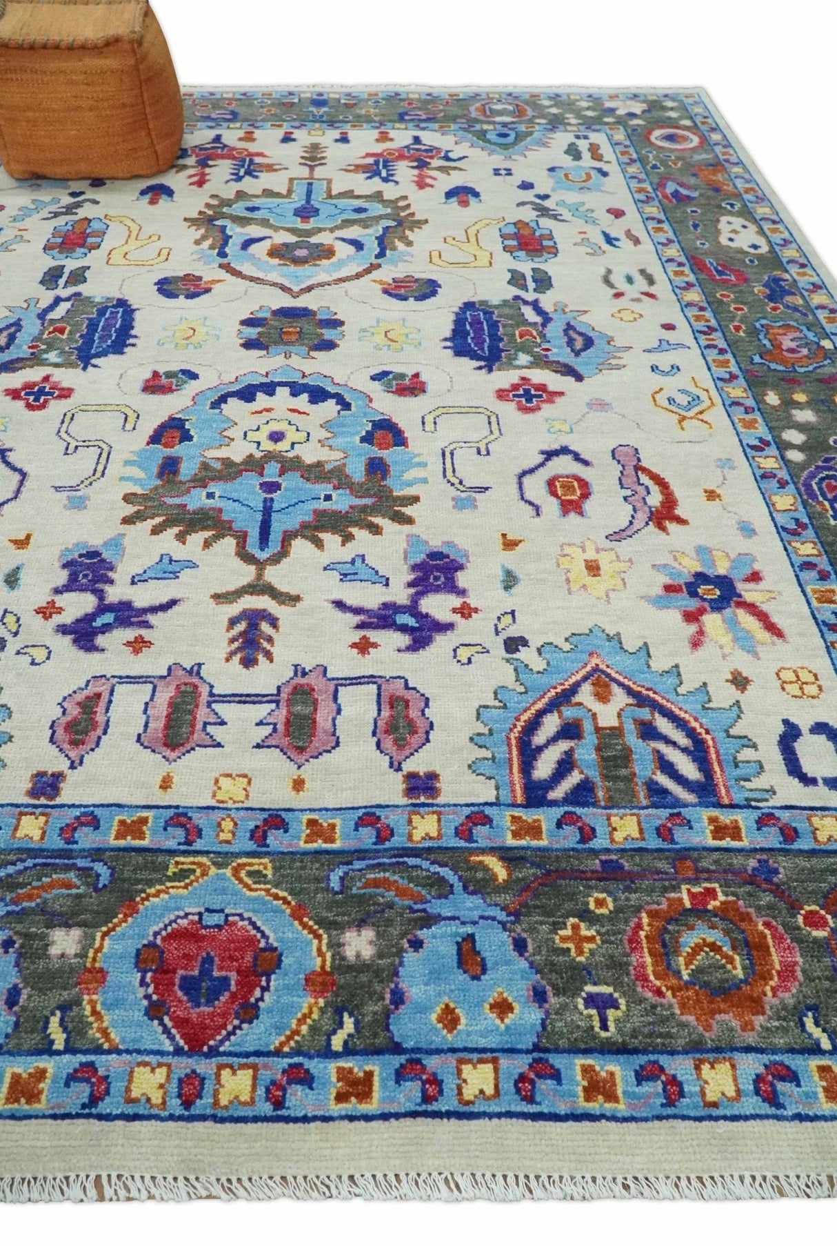 Custom Made Ivory and Gray Hand knotted Traditional Oushak wool Area Rug