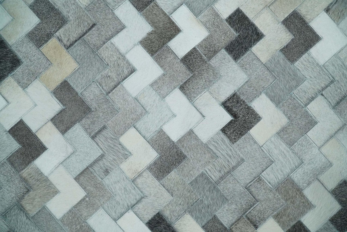 Custom Made Ivory and Gray Modern Geometrical Leather Rug