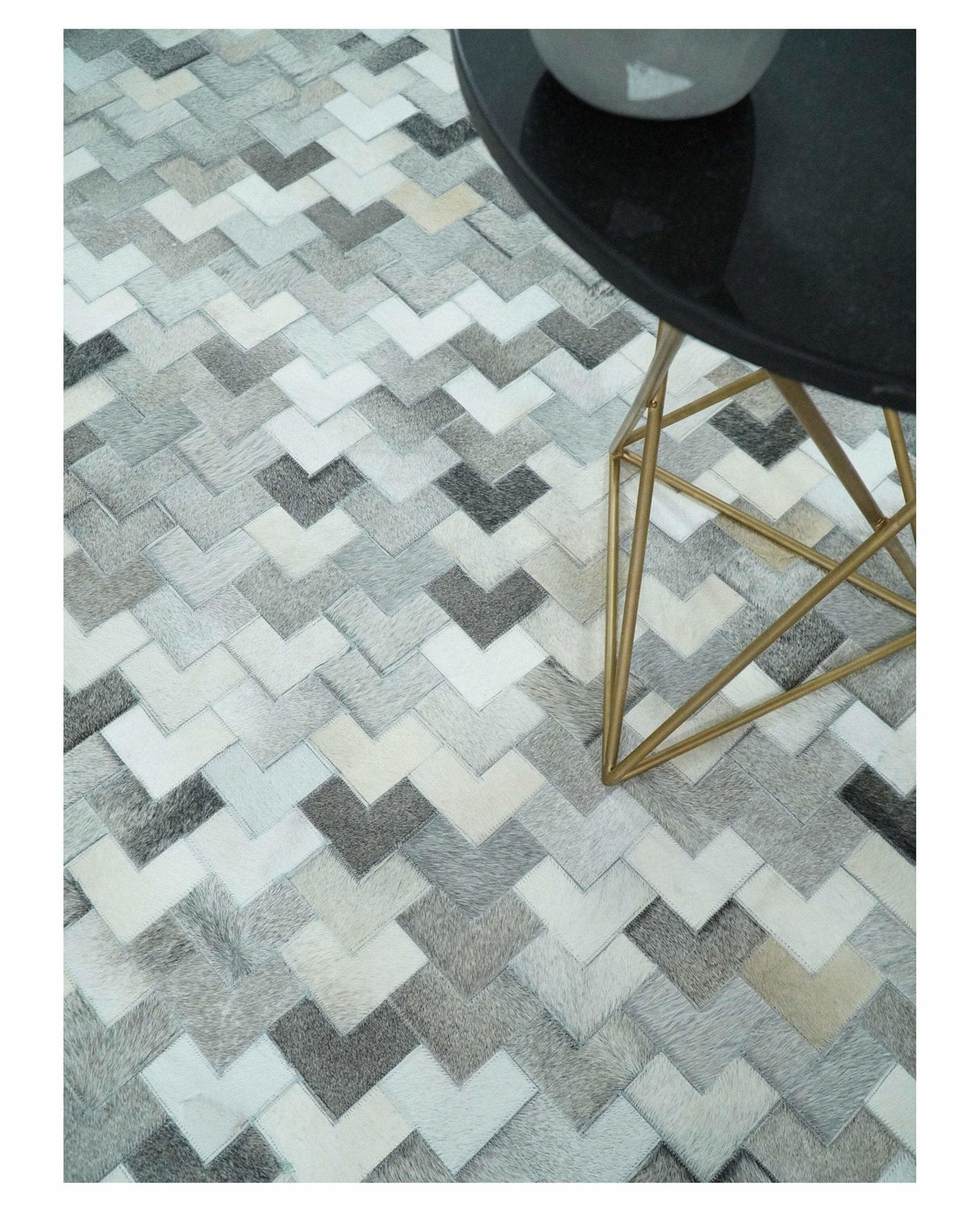 Custom Made Ivory and Gray Modern Geometrical Leather Rug