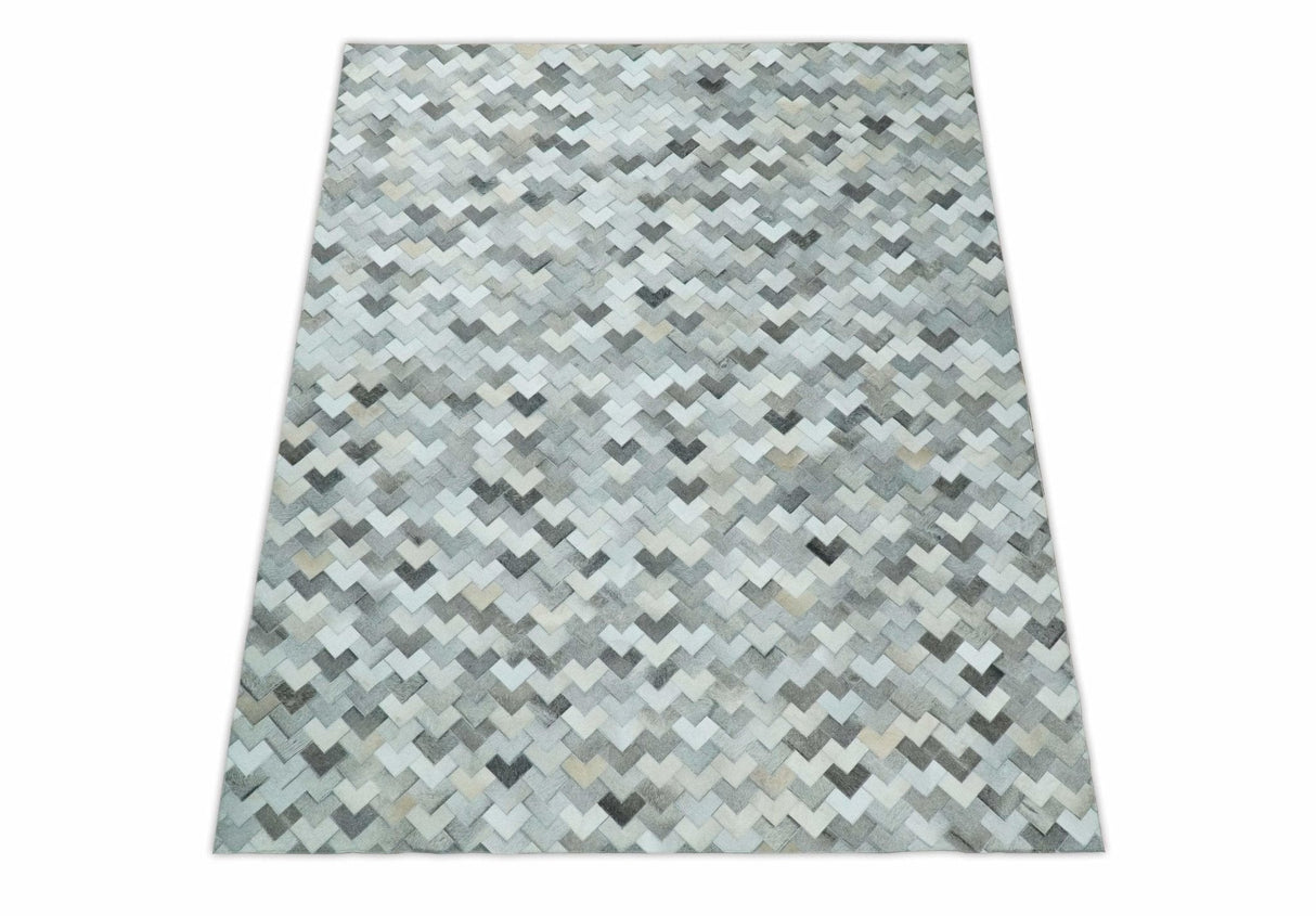Custom Made Ivory and Gray Modern Geometrical Leather Rug