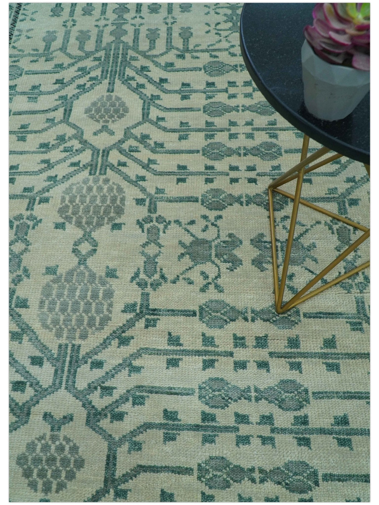 Custom Made Ivory And Gray Turkish Khotan Design Hand Knotted Wool Rug