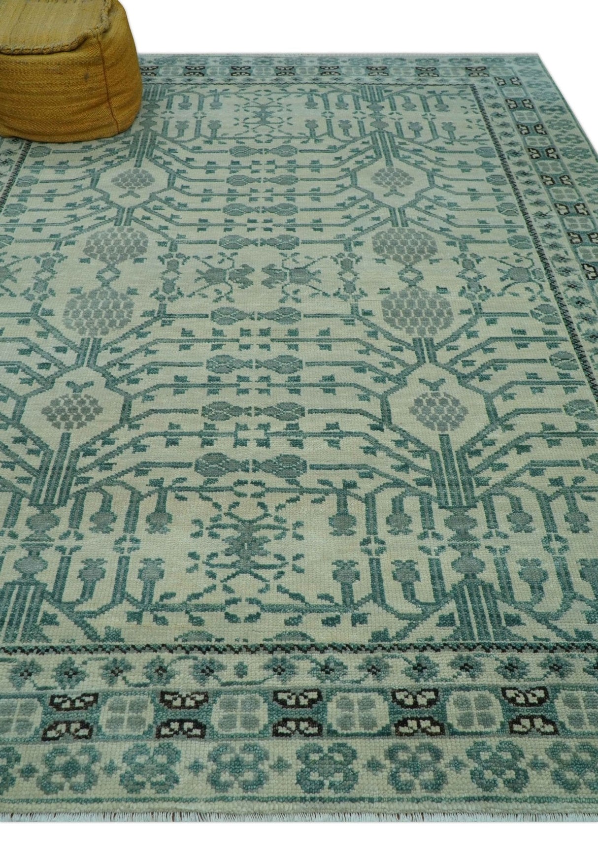 Custom Made Ivory And Gray Turkish Khotan Design Hand Knotted Wool Rug