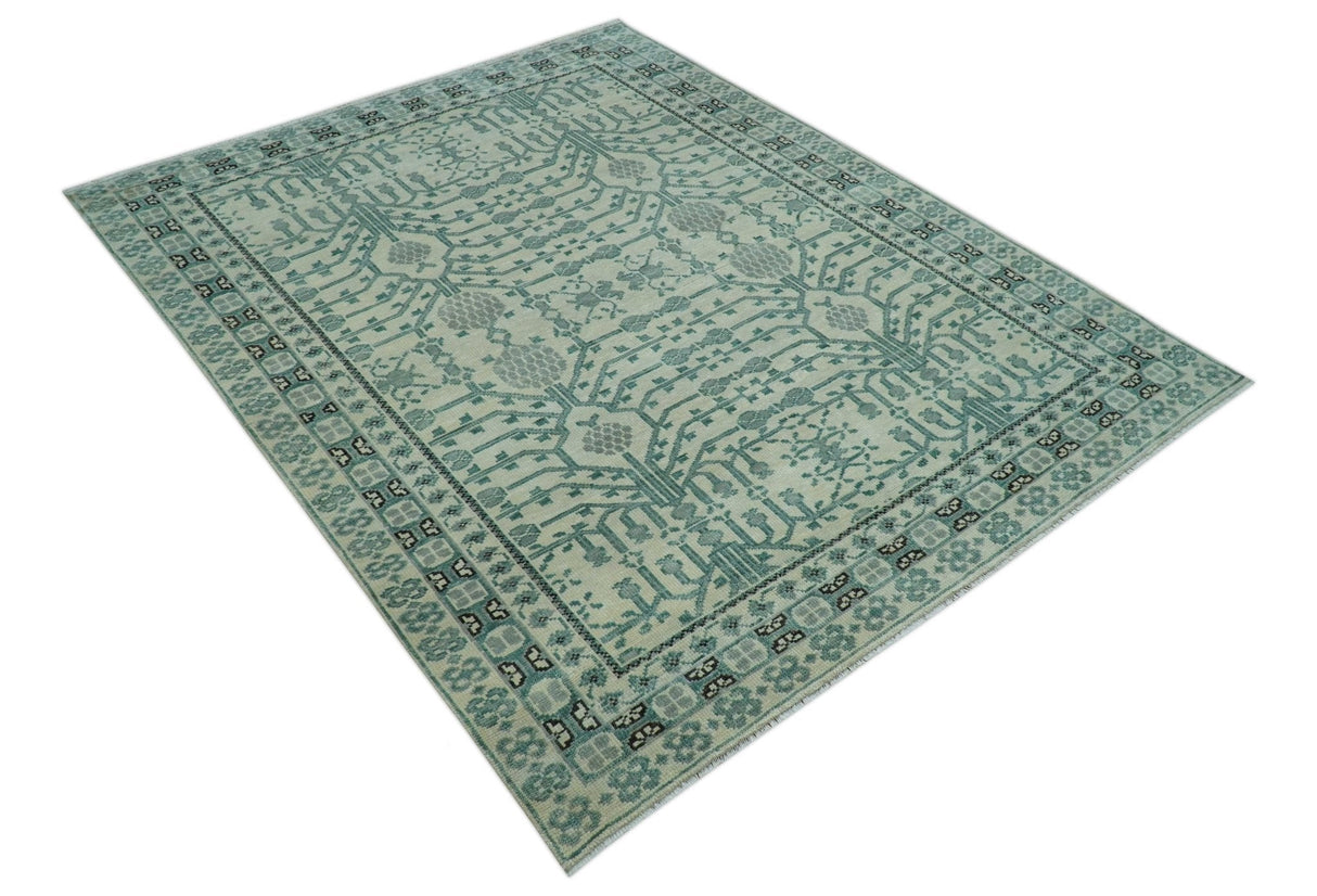 Custom Made Ivory And Gray Turkish Khotan Design Hand Knotted Wool Rug