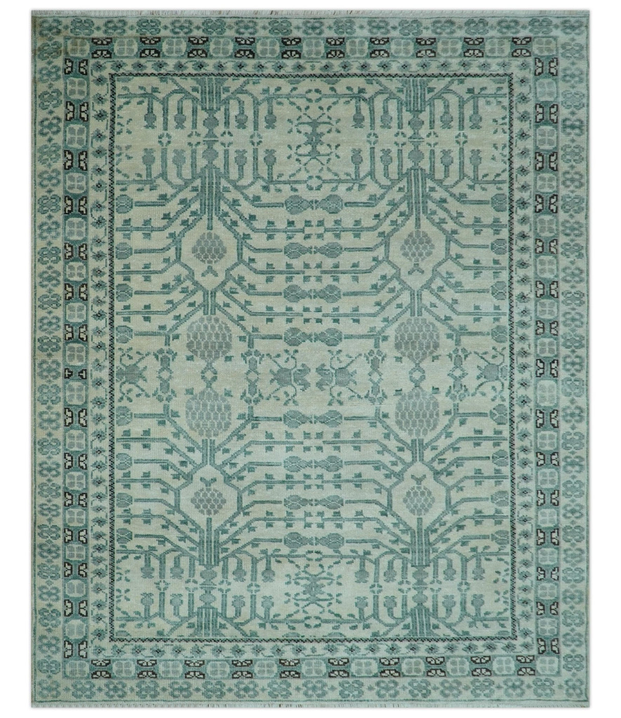 Custom Made Ivory And Gray Turkish Khotan Design Hand Knotted Wool Rug