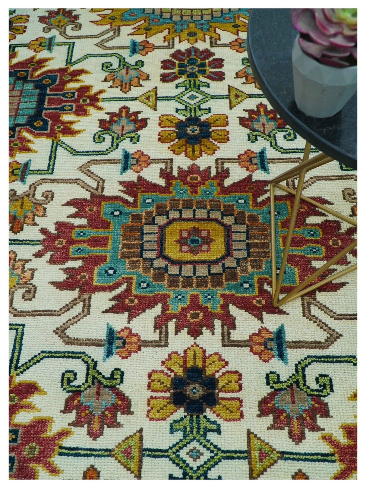 Custom Made Ivory And Maroon Traditional Floral Motifs Design Hand Knotted Wool Rug