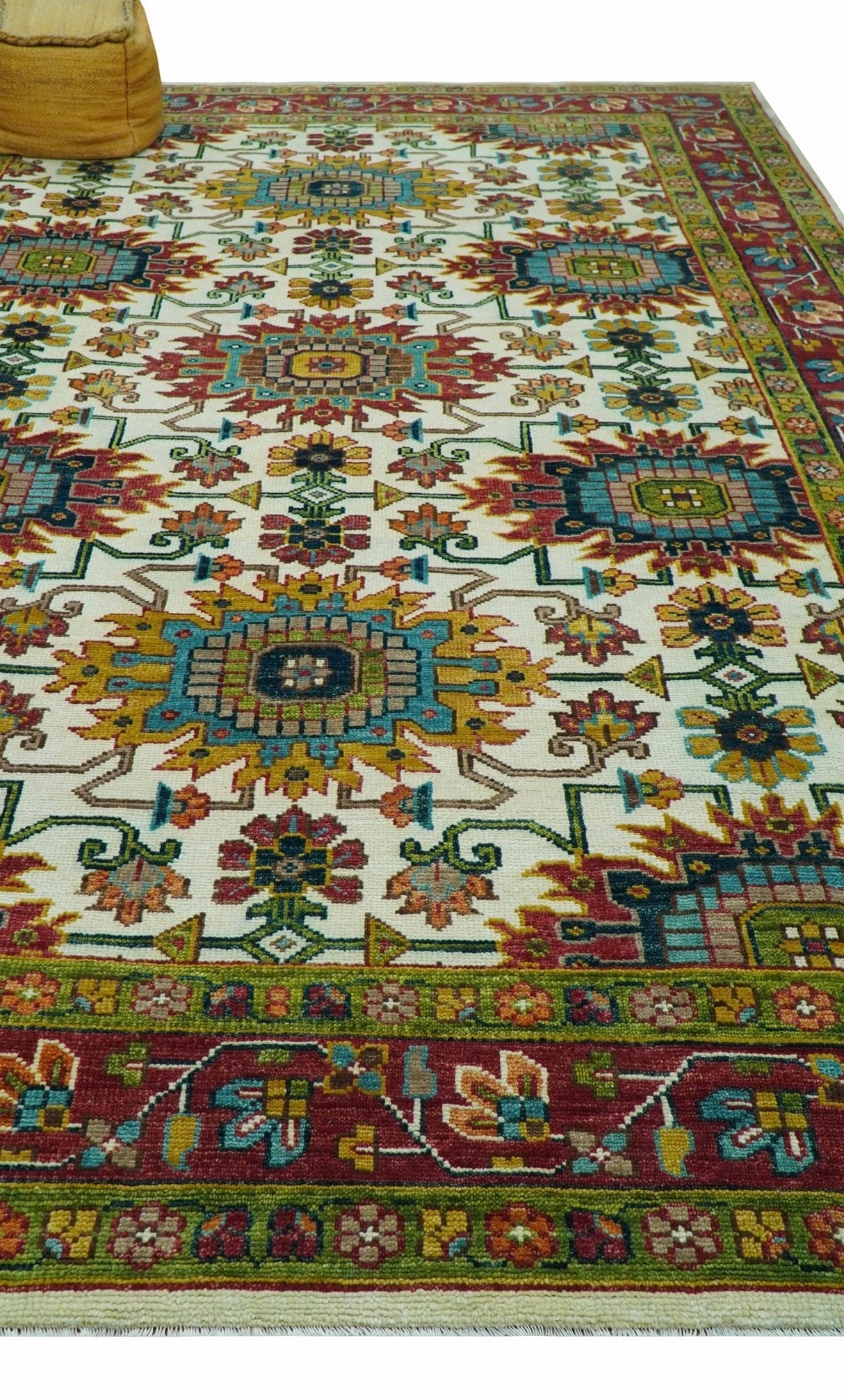 Custom Made Ivory And Maroon Traditional Floral Motifs Design Hand Knotted Wool Rug