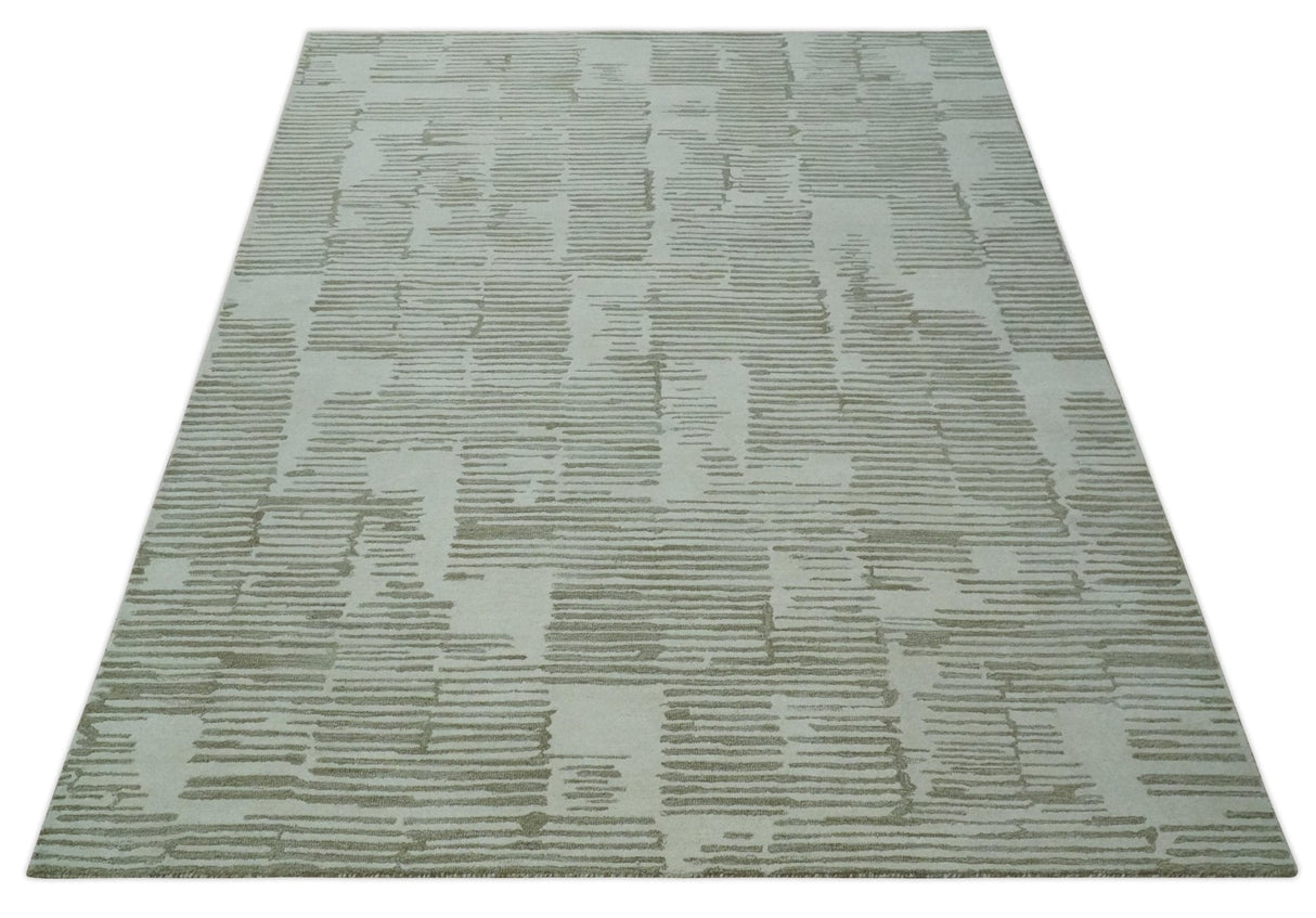 Custom Made Ivory and Olive Modern Design Hand Tufted Wool Rug
