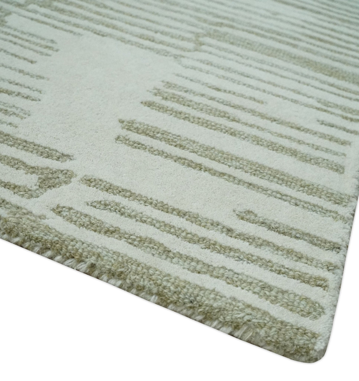 Custom Made Ivory and Olive Modern Design Hand Tufted Wool Rug