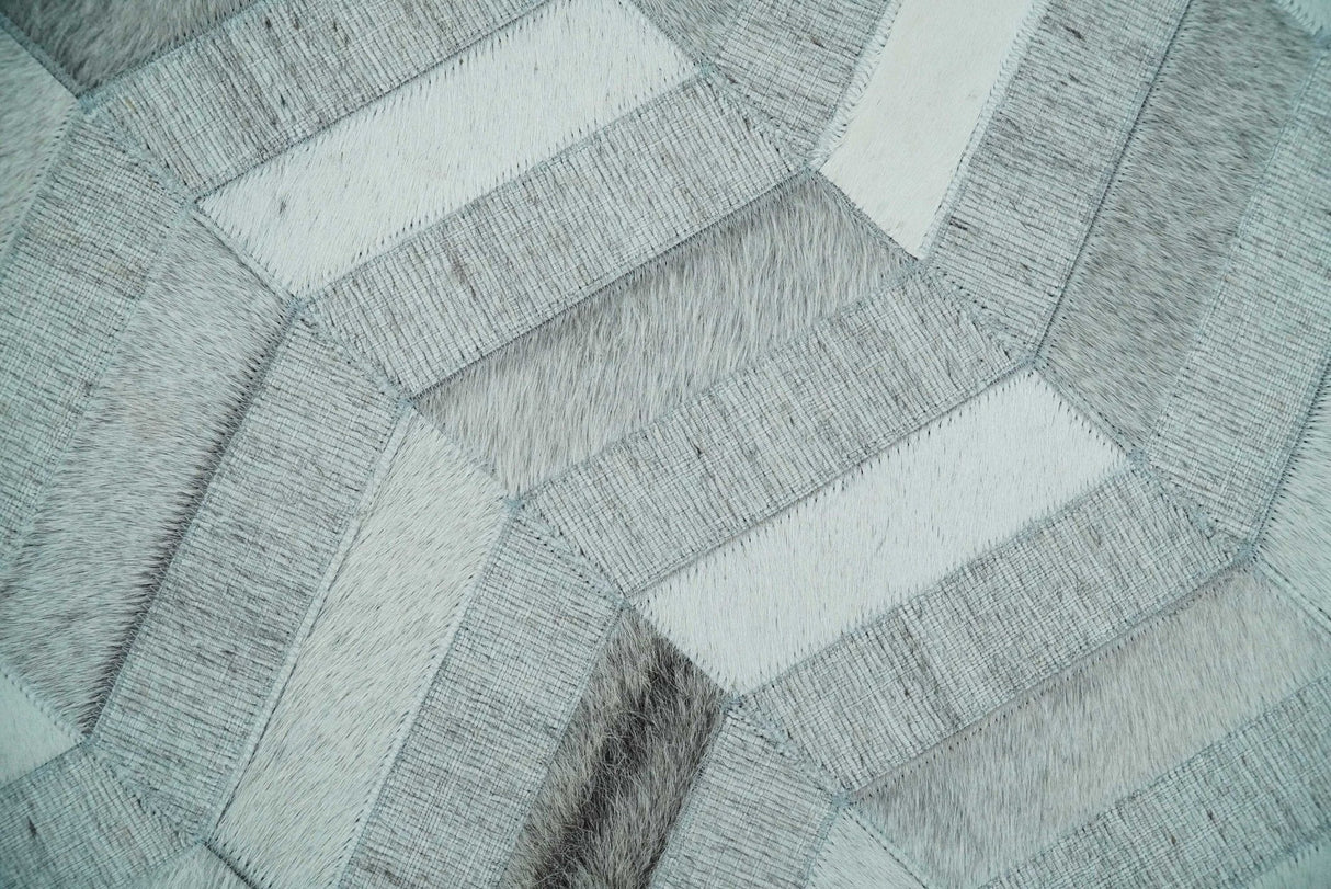 Custom Made Ivory and Silver Geometrical Handmade Leather Rug