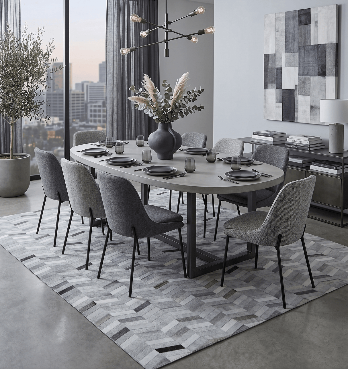 Custom Made Ivory and Silver Geometrical Handmade Leather Rug