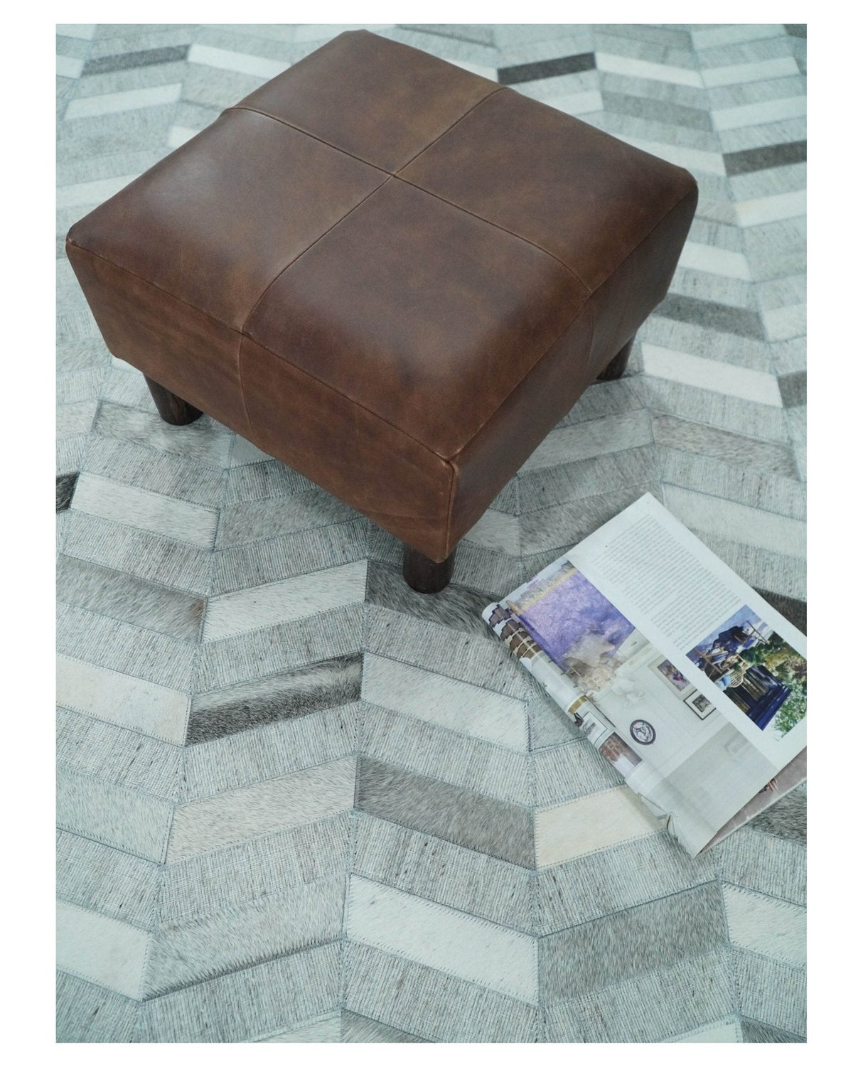 Custom Made Ivory and Silver Geometrical Handmade Leather Rug