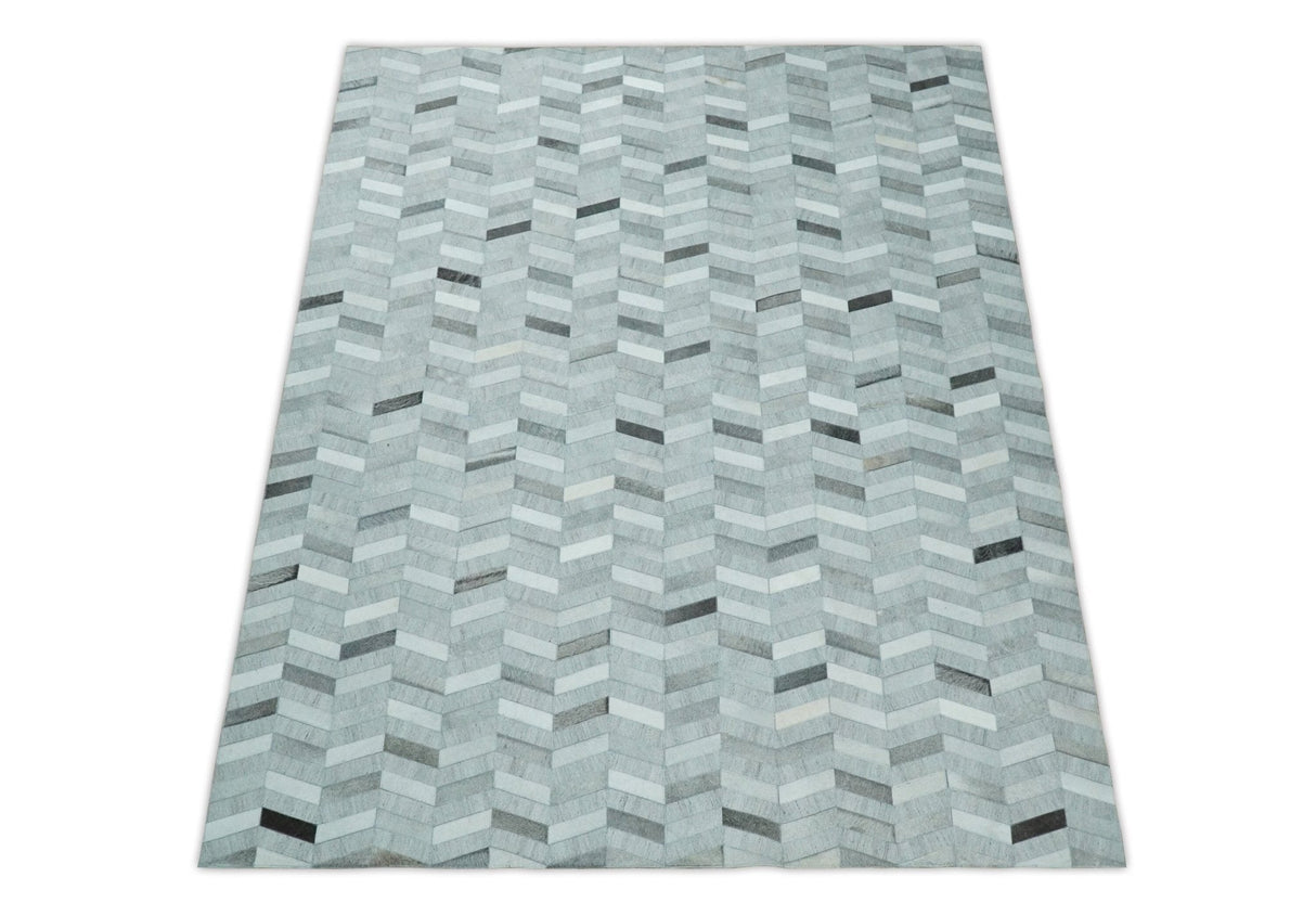 Custom Made Ivory and Silver Geometrical Handmade Leather Rug