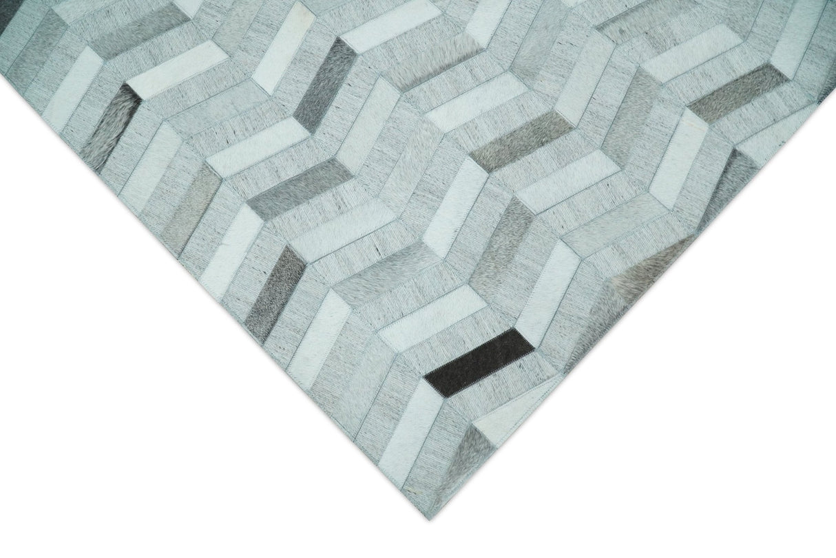 Custom Made Ivory and Silver Geometrical Handmade Leather Rug