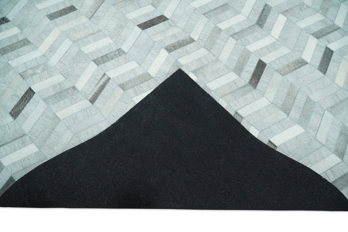 Custom Made Ivory and Silver Geometrical Handmade Leather Rug