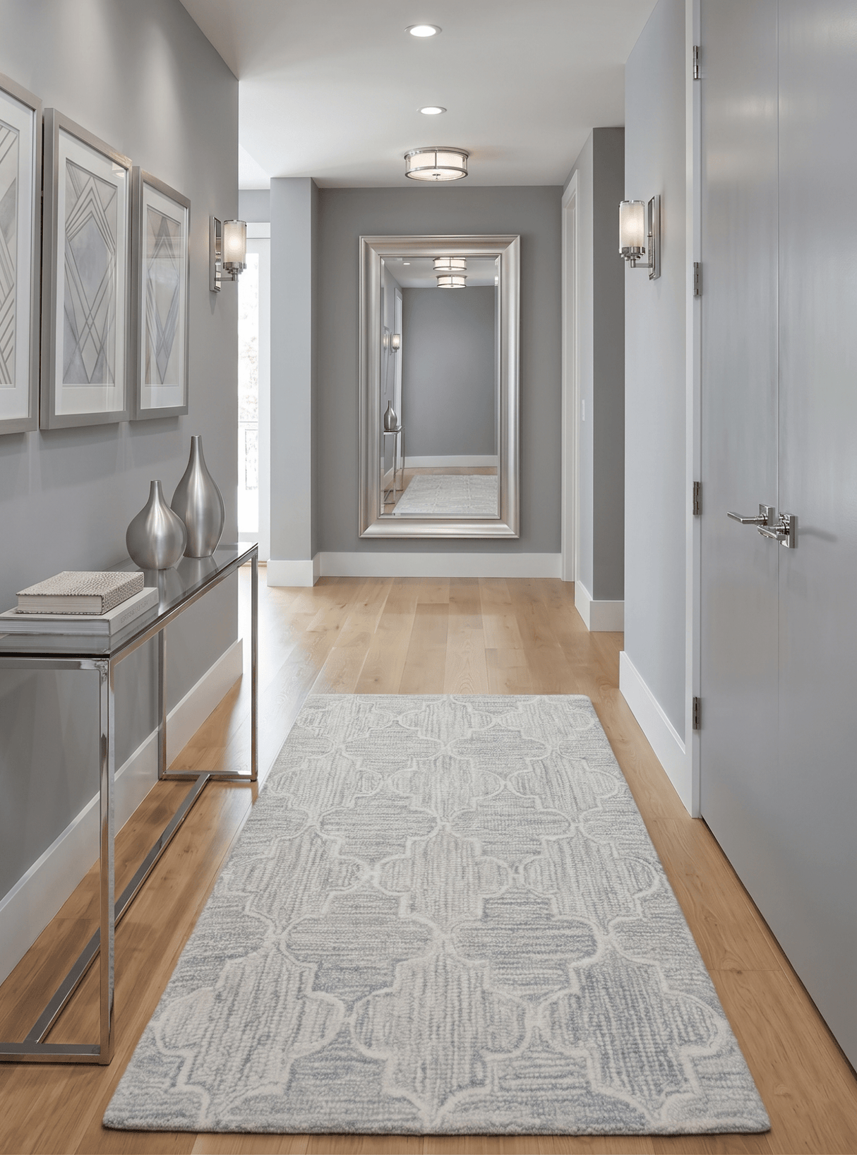 Custom Made Ivory and Silver Modern Geometric Hand Tufted Wool Area Rug