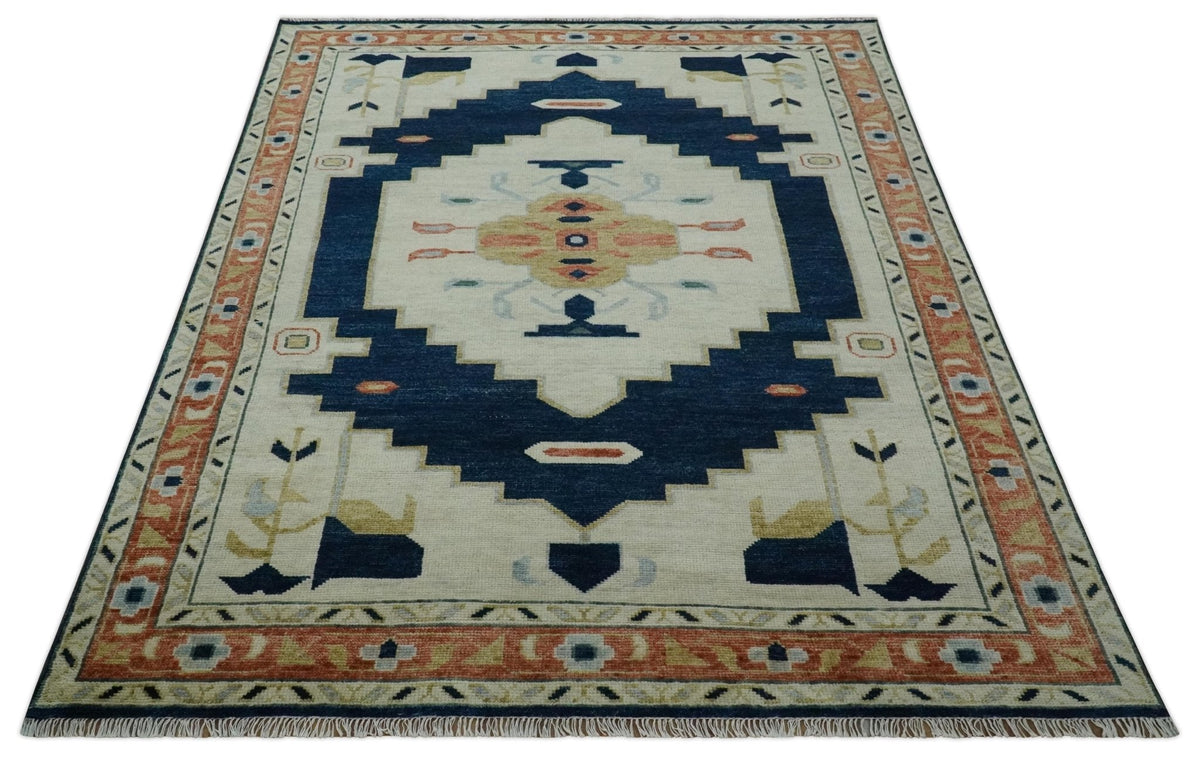 Custom Made Ivory, Blue, Beige and Rust Hand Knotted Traditional Heriz Wool Area Rug