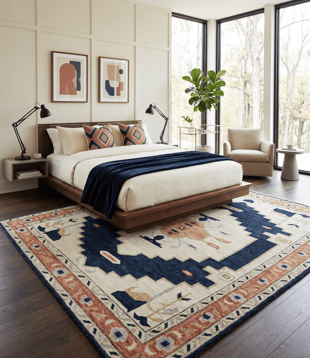Custom Made Ivory, Blue, Beige and Rust Hand Knotted Traditional Heriz Wool Area Rug