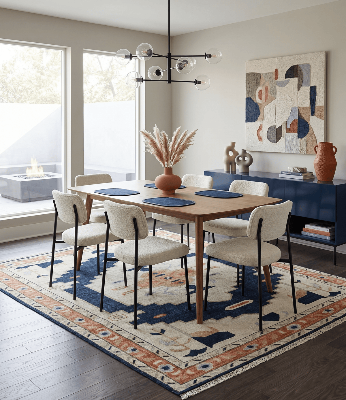Custom Made Ivory, Blue, Beige and Rust Hand Knotted Traditional Heriz Wool Area Rug
