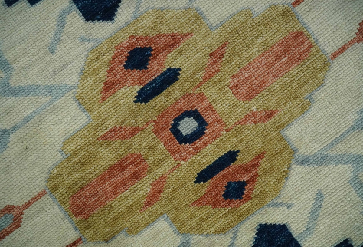 Custom Made Ivory, Blue, Beige and Rust Hand Knotted Traditional Heriz Wool Area Rug