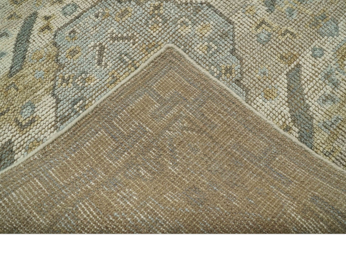 Custom Made Ivory, Brown and Blue Traditional Hand Knotted Wool Area Rug