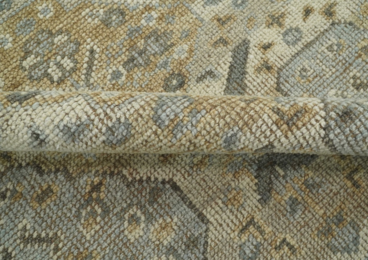 Custom Made Ivory, Brown and Blue Traditional Hand Knotted Wool Area Rug