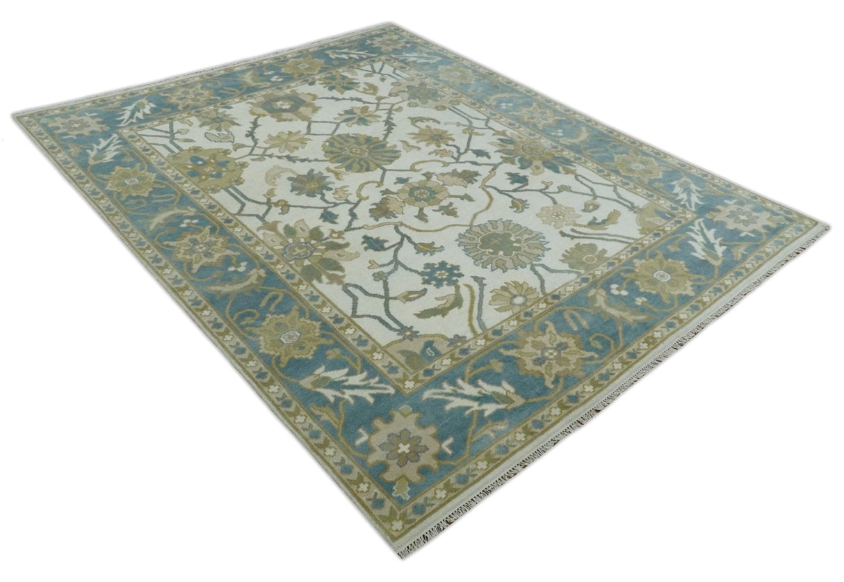 Custom Made Ivory, Gray and Beige Floral Hand Knotted Traditional Oushak Wool Rug