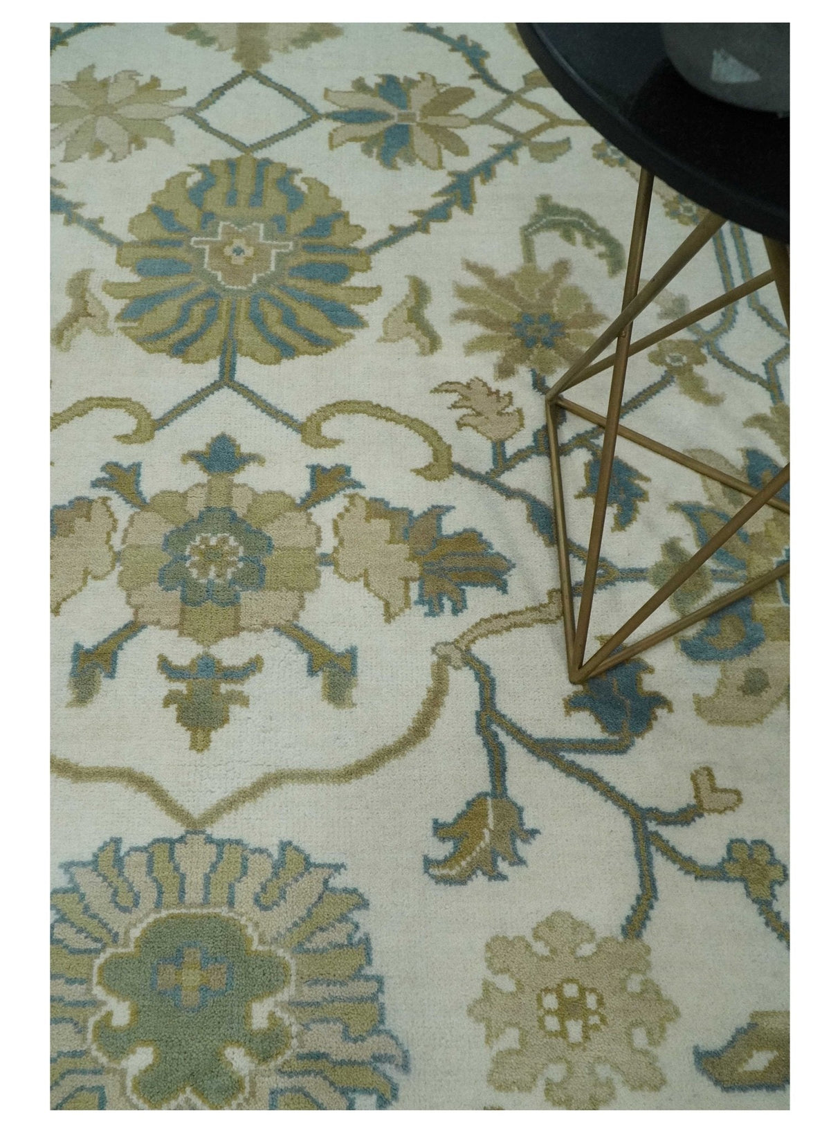 Custom Made Ivory, Gray and Beige Floral Hand Knotted Traditional Oushak Wool Rug