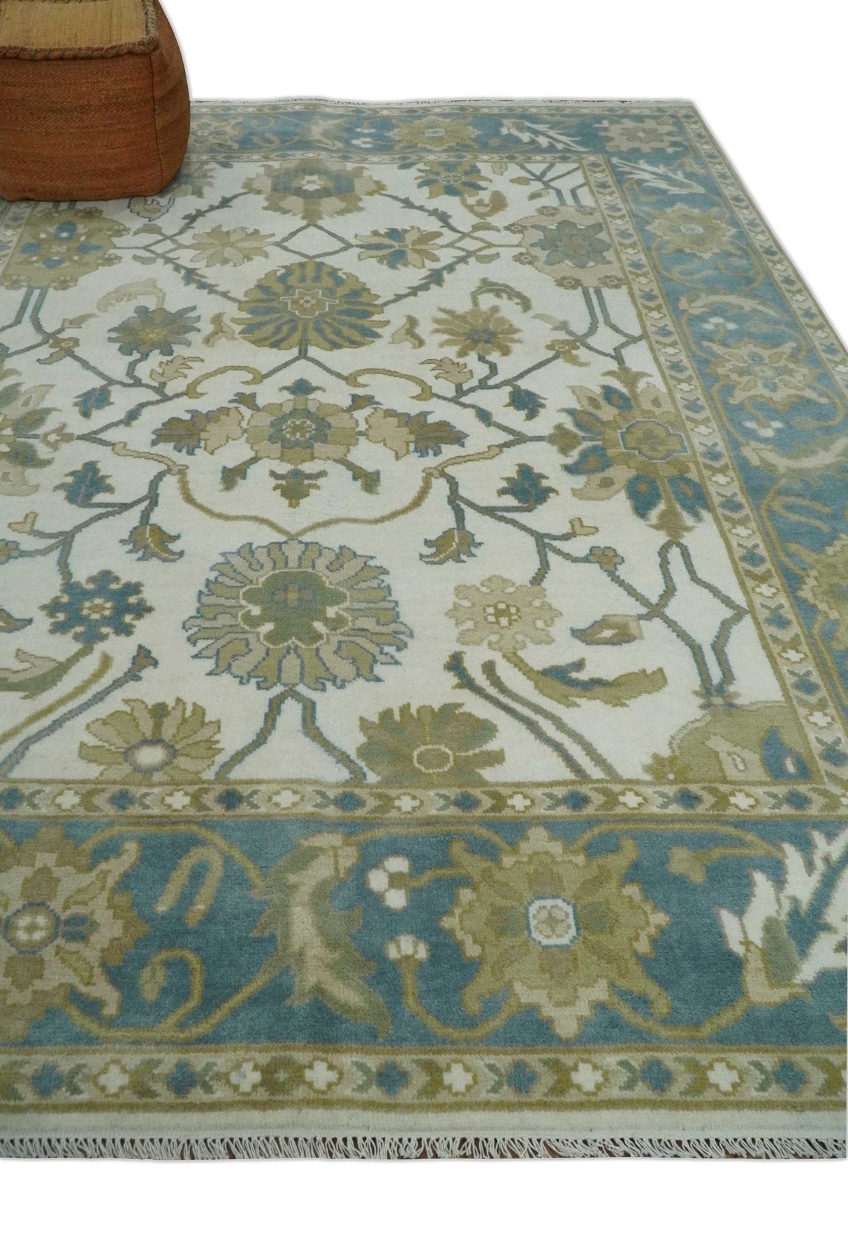 Custom Made Ivory, Gray and Beige Floral Hand Knotted Traditional Oushak Wool Rug