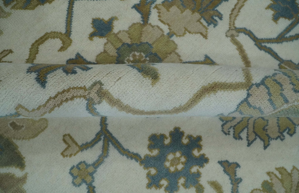 Custom Made Ivory, Gray and Beige Floral Hand Knotted Traditional Oushak Wool Rug