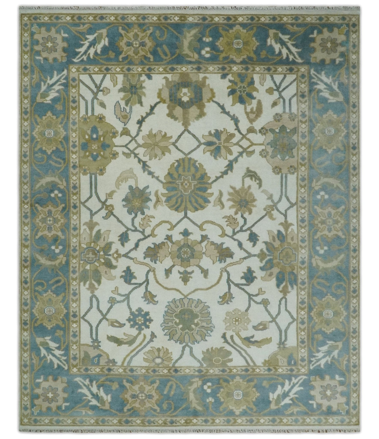 Custom Made Ivory, Gray and Beige Floral Hand Knotted Traditional Oushak Wool Rug