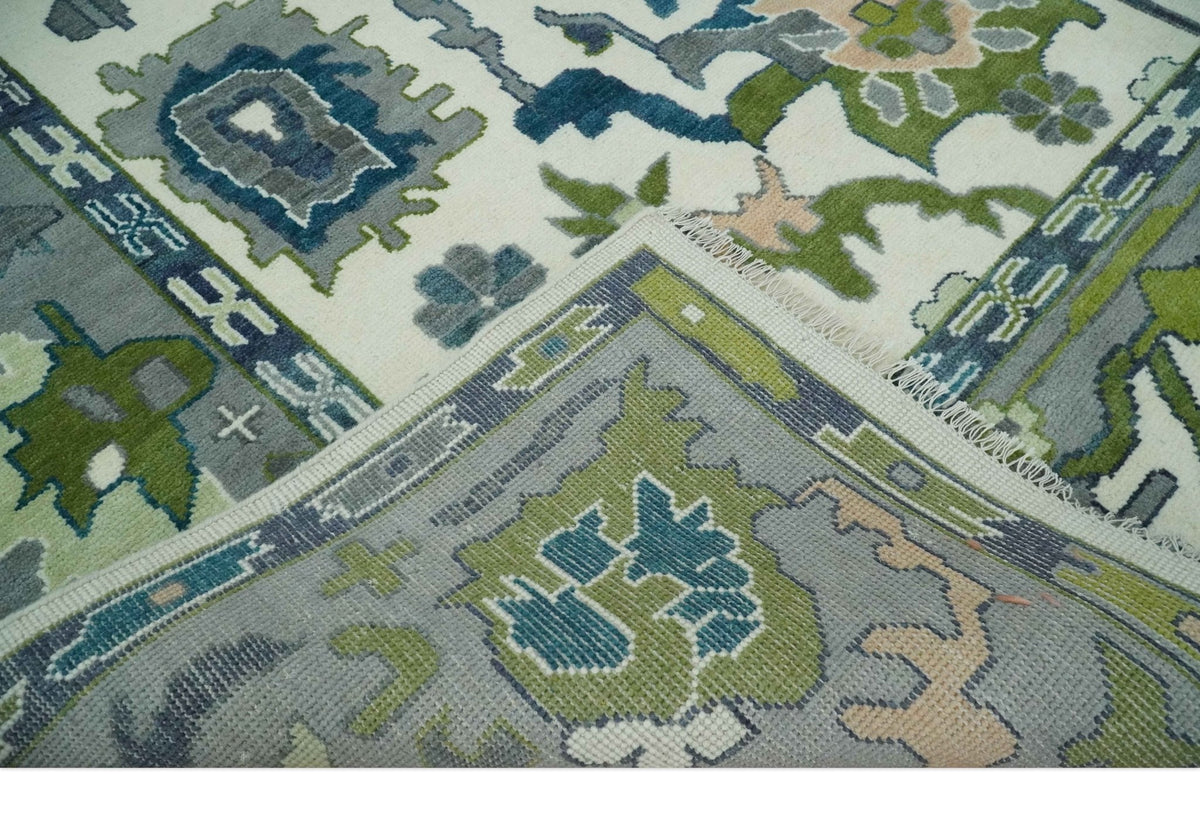 Custom Made Ivory, Gray and Green Hand knotted Traditional Oushak Wool Area Rug