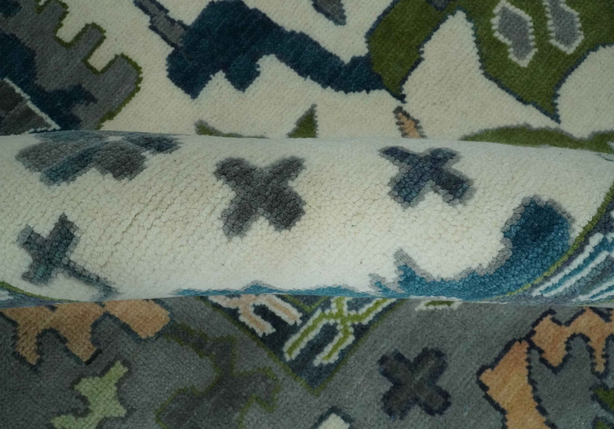 Custom Made Ivory, Gray and Green Hand knotted Traditional Oushak Wool Area Rug