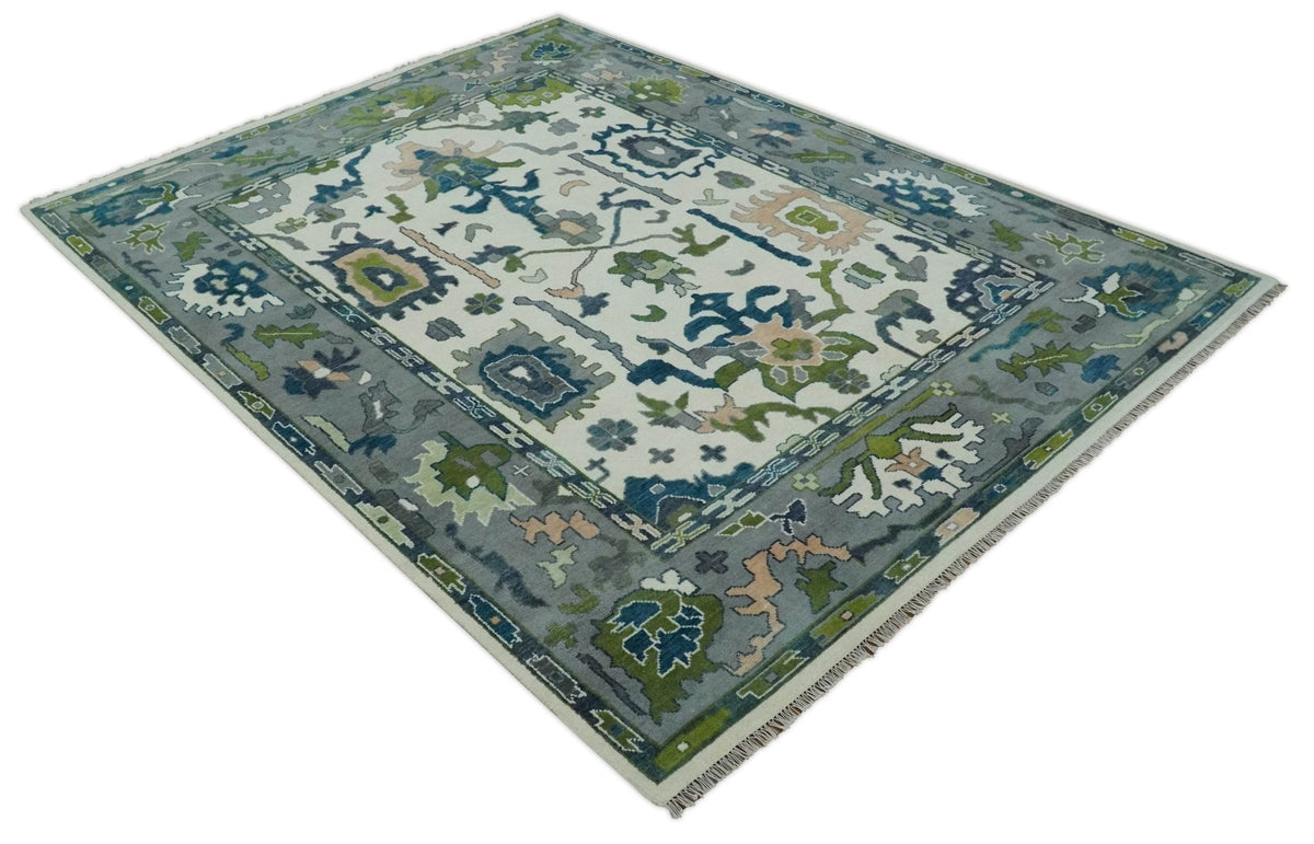 Custom Made Ivory, Gray and Green Hand knotted Traditional Oushak Wool Area Rug