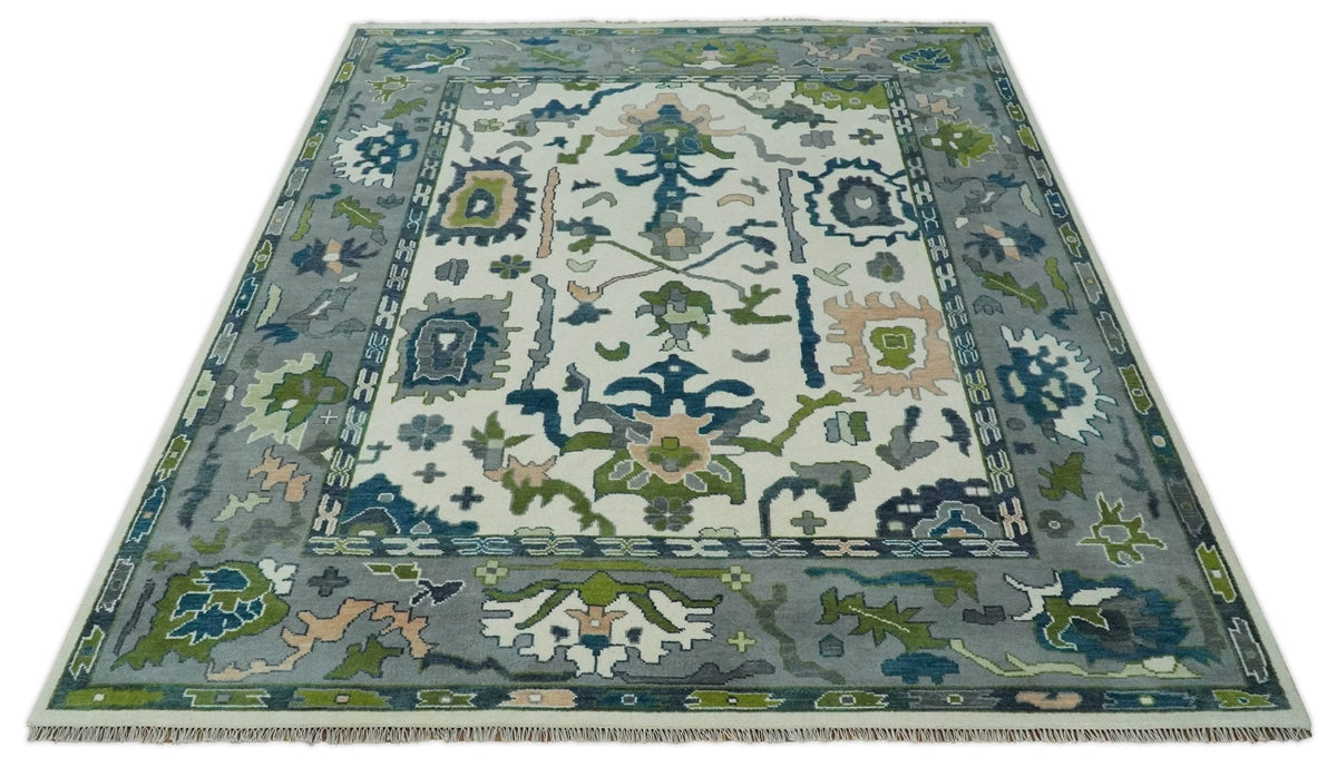Custom Made Ivory, Gray and Green Hand knotted Traditional Oushak Wool Area Rug
